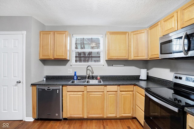 kitchen with appliances with stainless steel finishes, sink, light brown cabinets, and light wood-type flooring