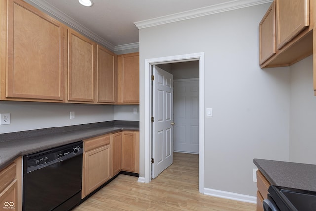 kitchen featuring crown molding, stove, black dishwasher, and light hardwood / wood-style flooring