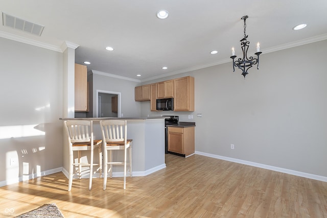 kitchen with decorative light fixtures, light hardwood / wood-style floors, kitchen peninsula, crown molding, and an inviting chandelier