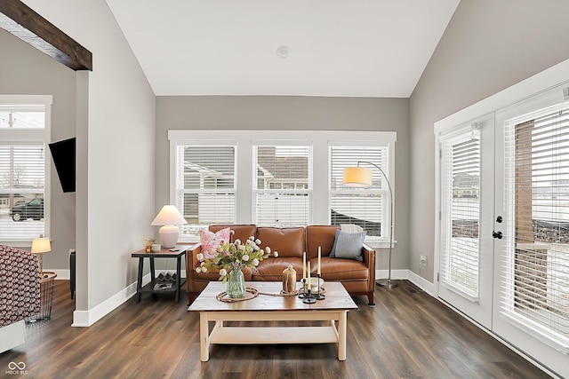 living room with lofted ceiling, a healthy amount of sunlight, and dark hardwood / wood-style flooring