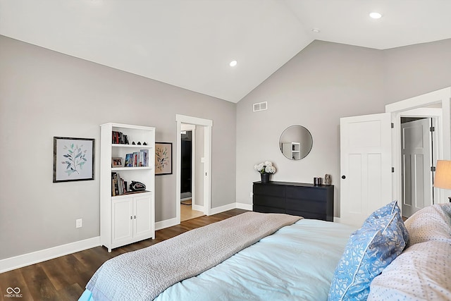 bedroom with dark wood-type flooring and high vaulted ceiling