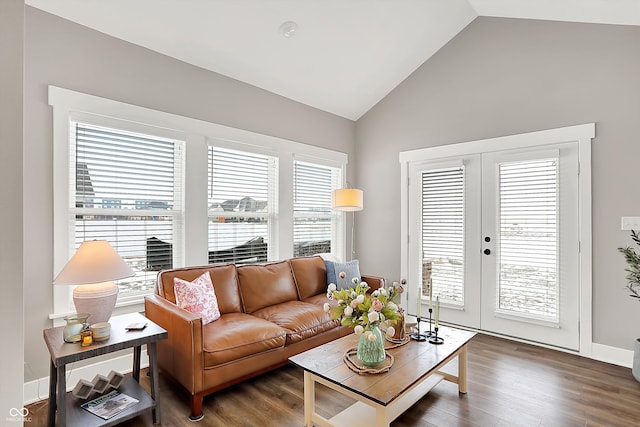 living room with french doors, vaulted ceiling, and a wealth of natural light