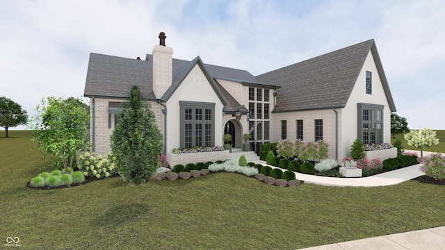 1461 Chatham Ridge Ct, Westfield, IN 46074 - tudor home featuring brick siding, a chimney, a front yard, and roof with shingles