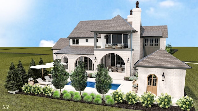 1461 Chatham Ridge Ct, Westfield, IN 46074 - rear view of house with brick siding, an outdoor living space, a chimney, and an outdoor pool