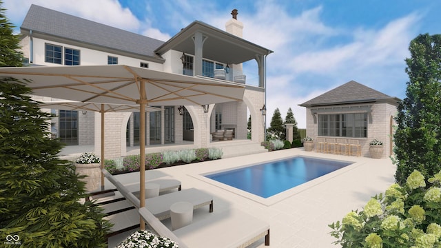 1461 Chatham Ridge Ct, Westfield, IN 46074 - back of house featuring brick siding, a patio, a chimney, and an outdoor pool