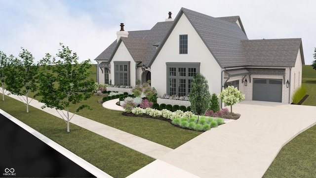 1461 Chatham Ridge Ct, Westfield, IN 46074 - tudor house featuring concrete driveway, an attached garage, a chimney, a front lawn, and brick siding