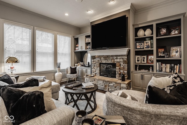 living room featuring a stone fireplace and ornamental molding