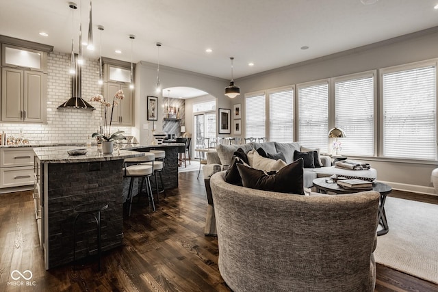 living room with ornamental molding and dark hardwood / wood-style floors