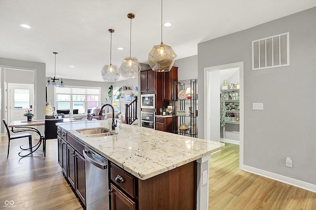 kitchen featuring stainless steel appliances, decorative light fixtures, and an island with sink