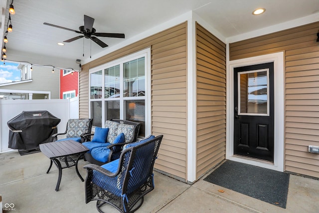 view of patio featuring ceiling fan and grilling area