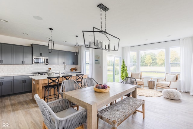 dining space with sink, a wealth of natural light, and light hardwood / wood-style floors