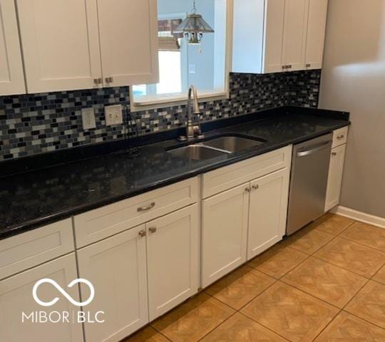 kitchen with white cabinetry, stainless steel dishwasher, sink, and backsplash