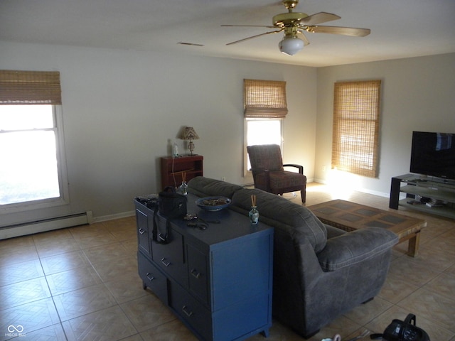 living room with ceiling fan and baseboard heating