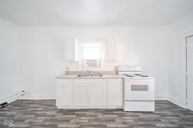 kitchen featuring sink, white electric range, white cabinets, and dark hardwood / wood-style flooring