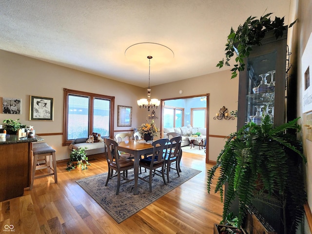 dining space featuring an inviting chandelier, a healthy amount of sunlight, hardwood / wood-style floors, and a textured ceiling