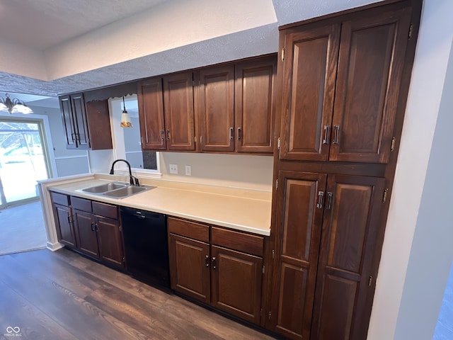 kitchen featuring dark brown cabinetry, dishwasher, sink, and dark hardwood / wood-style floors