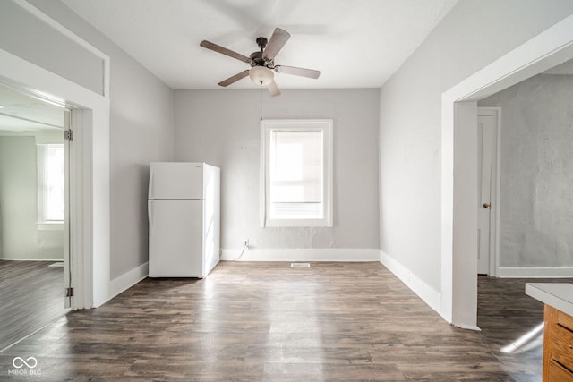 interior space with dark wood-type flooring, ceiling fan, and plenty of natural light