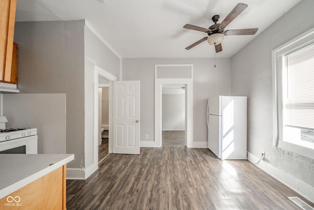 kitchen featuring ceiling fan, white appliances, and dark hardwood / wood-style flooring