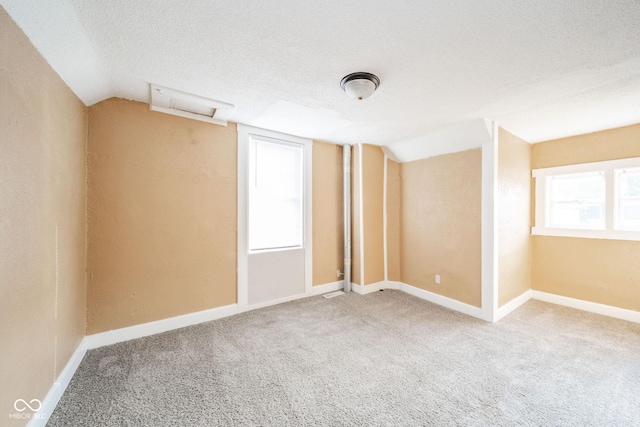 carpeted spare room with lofted ceiling and a textured ceiling