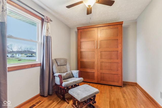 living area with light hardwood / wood-style floors, a textured ceiling, and a wealth of natural light