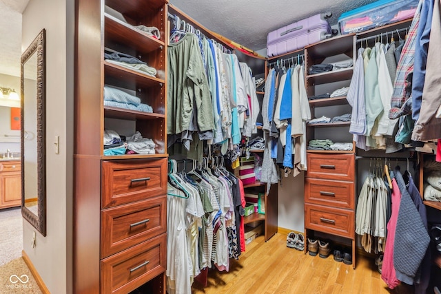 spacious closet with light hardwood / wood-style flooring