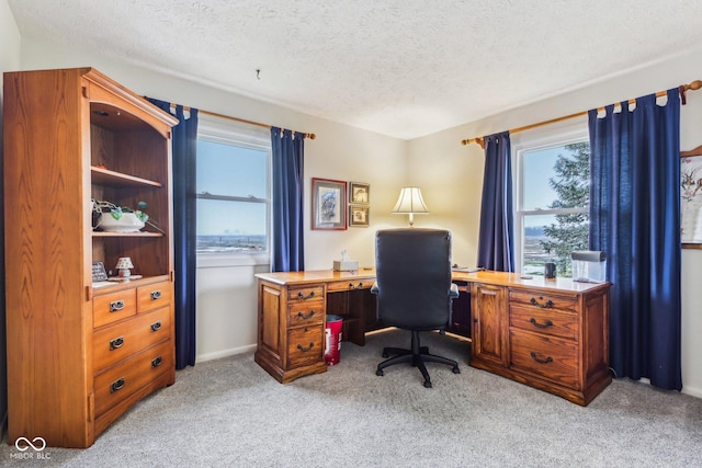 office area with light colored carpet and a textured ceiling