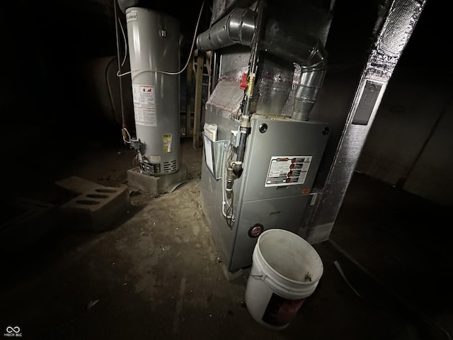 utility room with gas water heater and heating unit