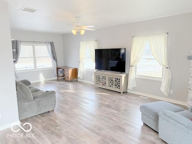 living room featuring hardwood / wood-style flooring and ceiling fan