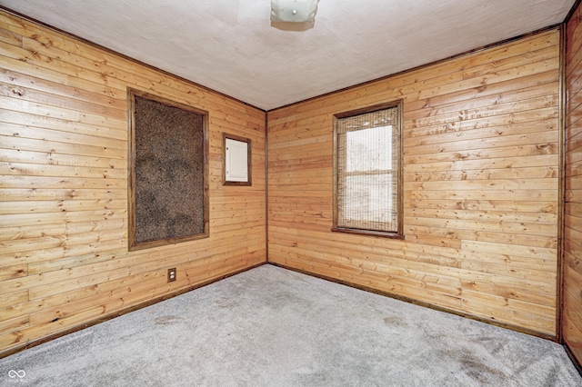 carpeted spare room with wood walls