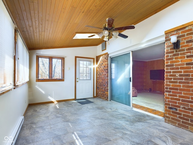 unfurnished sunroom with baseboard heating, wood ceiling, lofted ceiling, and ceiling fan