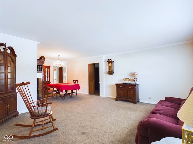 living room featuring ornamental molding, light colored carpet, and an inviting chandelier