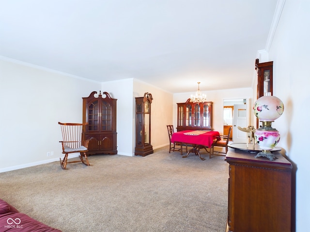 game room featuring crown molding, carpet, and an inviting chandelier