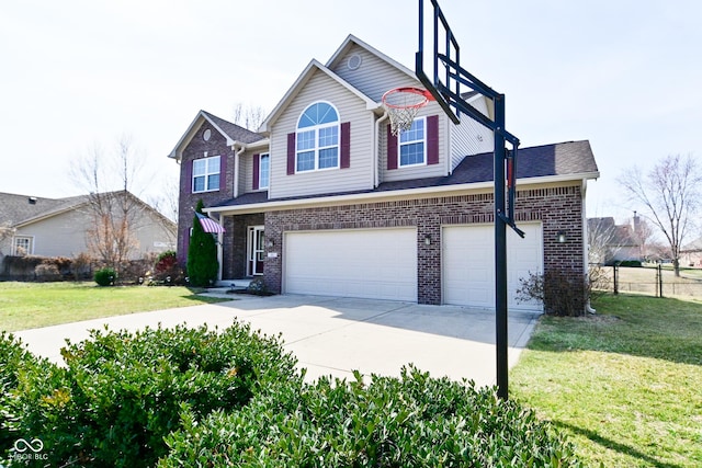 view of front of house with a front yard, a garage, brick siding, and driveway