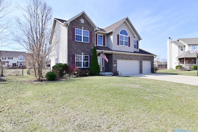 traditional-style house featuring concrete driveway, fence, brick siding, and a front lawn