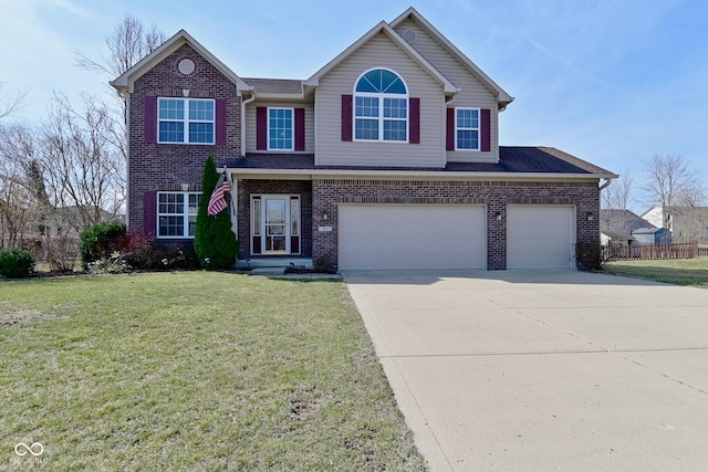 traditional home featuring a front lawn, fence, brick siding, and driveway