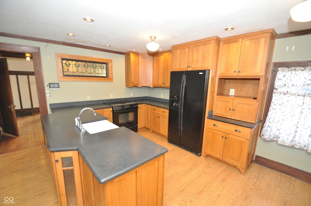 kitchen featuring light hardwood / wood-style flooring, sink, ornamental molding, and black appliances