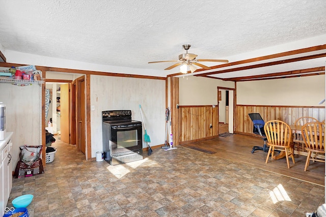 interior space featuring wooden walls, a textured ceiling, and a wood stove