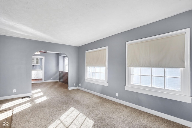 unfurnished room with carpet and a textured ceiling