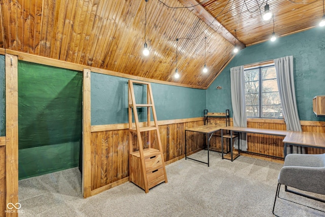 carpeted office space with radiator, vaulted ceiling, wooden ceiling, and wood walls