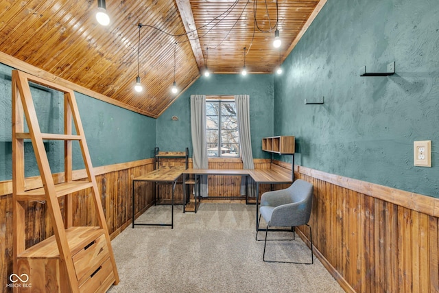 living area featuring lofted ceiling, carpet floors, and wooden ceiling