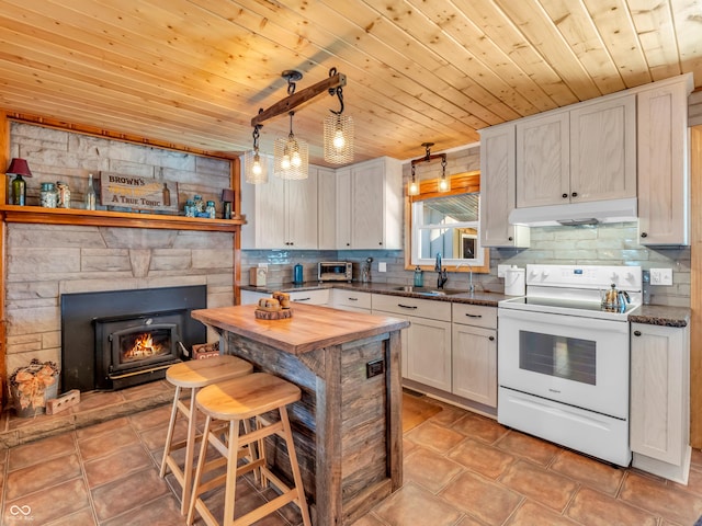 kitchen with pendant lighting, wood ceiling, white cabinets, and white electric range oven