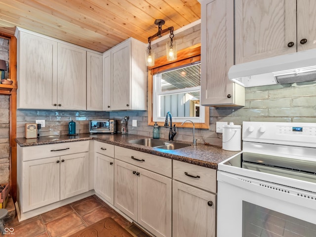 kitchen with sink, decorative backsplash, wood ceiling, tile patterned floors, and electric stove