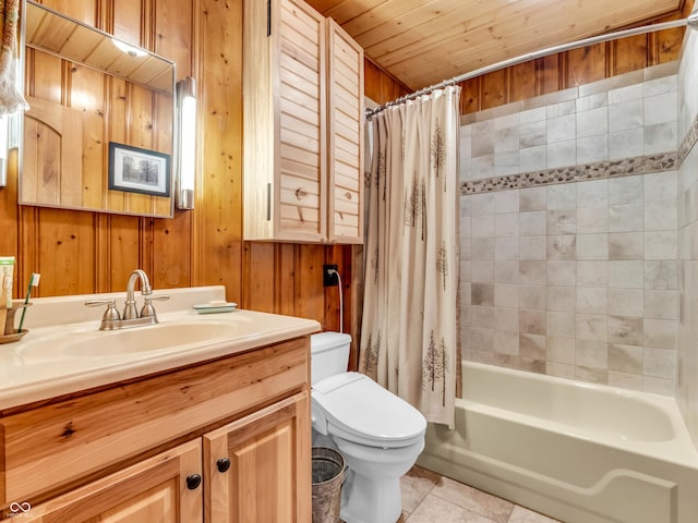 full bathroom featuring vanity, wooden walls, shower / bath combination with curtain, and toilet