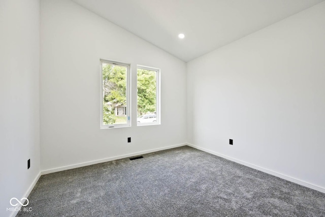 spare room with lofted ceiling and dark carpet