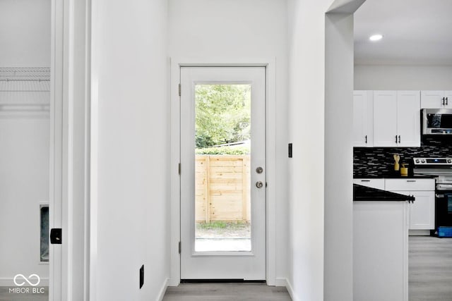 doorway to outside featuring a healthy amount of sunlight and light hardwood / wood-style flooring