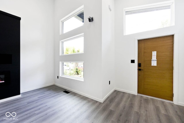 foyer featuring a towering ceiling and light wood-type flooring