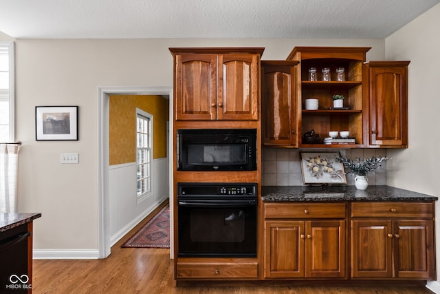 8552 E 550 S, Zionsville, IN 46077 - kitchen with black appliances, tasteful backsplash, dark stone countertops, and open shelves