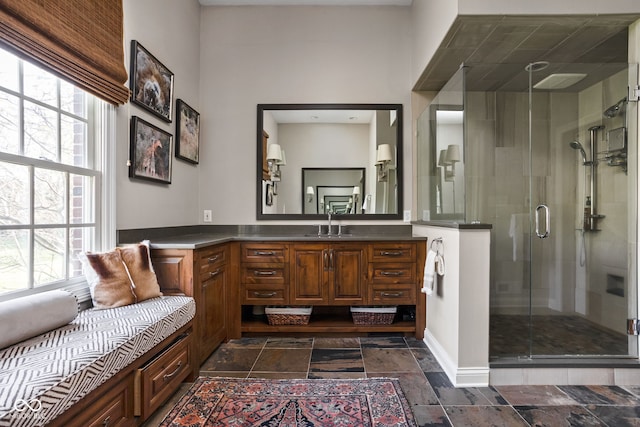 8552 E 550 S, Zionsville, IN 46077 - full bath featuring vanity, a stall shower, and stone tile flooring