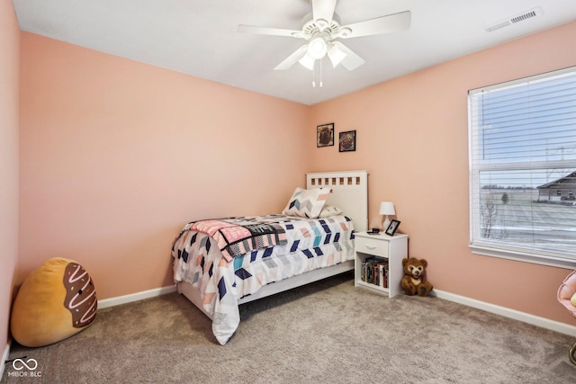 bedroom featuring carpet floors and ceiling fan