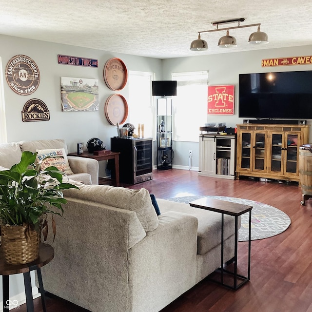 living room featuring wood-type flooring and a textured ceiling